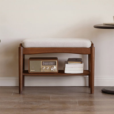 Creamy-white 100% Polyester Upholstered Nut-brown Solid Wood Bench