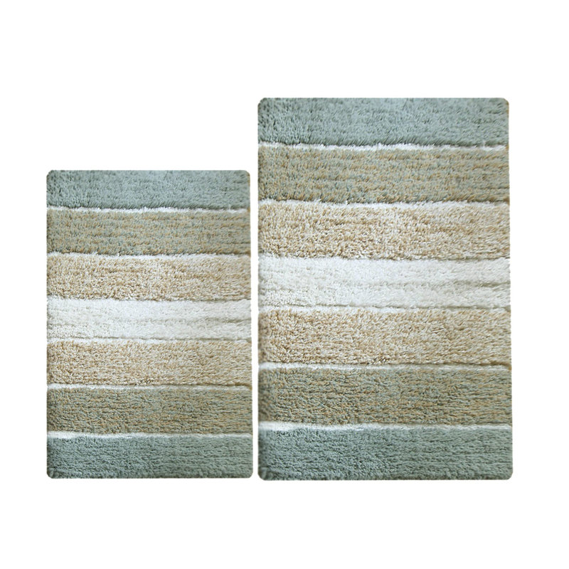 Cervantes 100% Cotton Non-Slip Bath Rug, Gray/Beige, 21''x34''/17''x24''