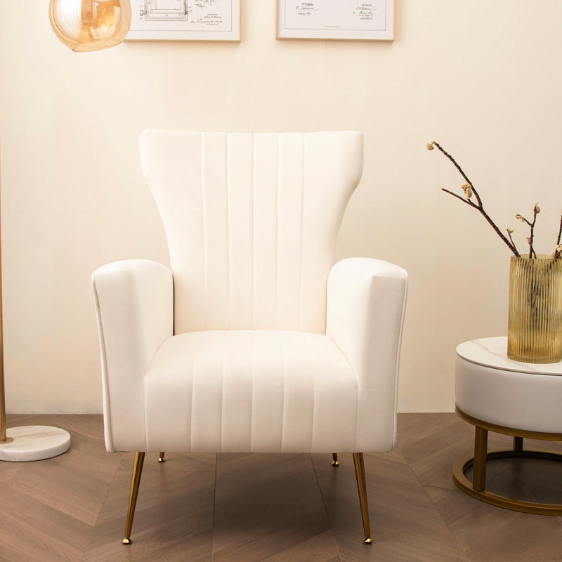 Fauteuil rembourré en velours avec dossier à oreilles, pieds dorés, pour salle à manger, dossier à oreilles blanc - simple robuste
