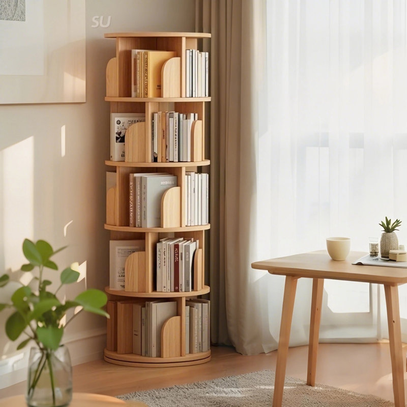 5 Tier Rotating Bookshelf, 360° Display Round Spinning Shelf, Space-Saving Storage For Small Rooms And Offices, Wood