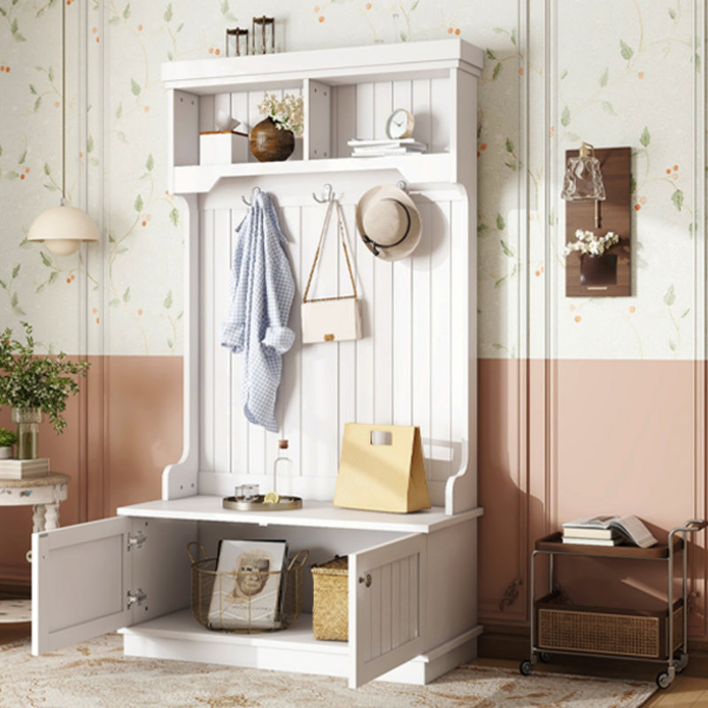 Hall Tree With Storage Shoe Bench And Coat Racks, 4-In-1 Design For Entryway And Hallway, White, White