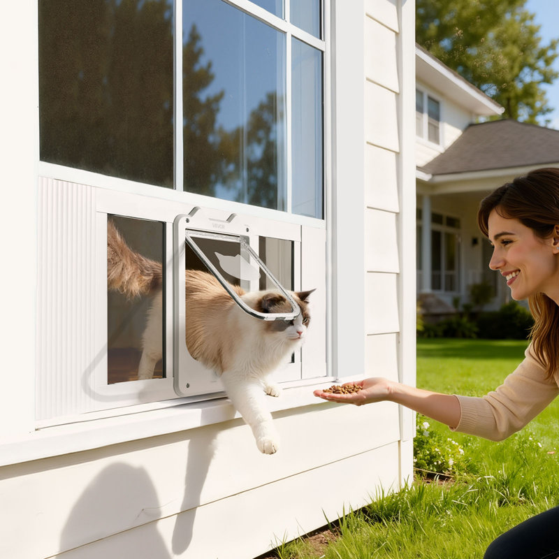 Porte pour chat pour fenêtre, réglable pour s'adapter à une largeur de fenêtre de 27 à 32 po, 4 modes de verrouillage sécurisés, cadre en aluminium et verre à haute transparence, fermeture magnétique, porte pour animaux à fixation rapide résistante aux intempéries pour chats, blanc