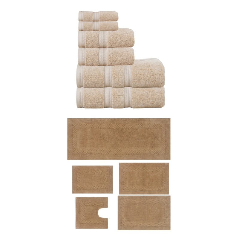 Bublitz Classy Bath Mat 100% Soft Cotton Bath Towel Set & Bath Rug Combo, Linen, 11 Piece Towel Set