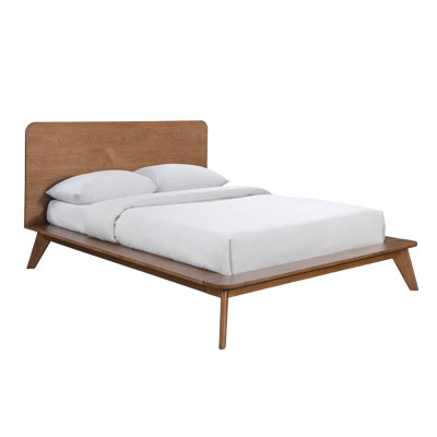 Walnut Color Full Size Solid Wood Platform Bed, Mid - Century Style Panel Headboard, Tapered Angled Legs, Mattress Ready Bedframe, Modern