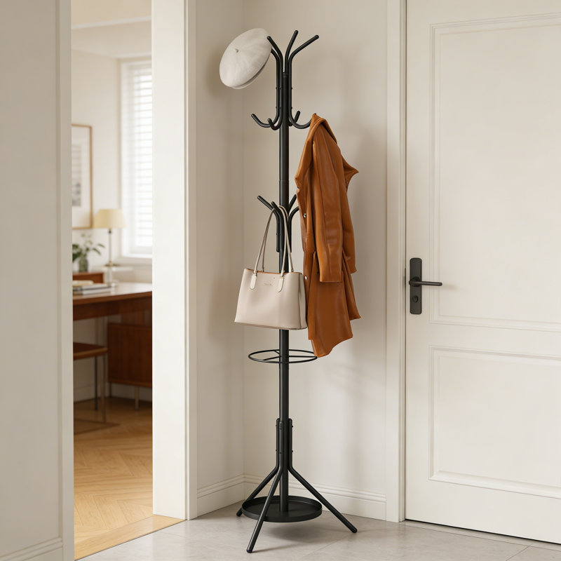Freestanding Coat Rack With 12 Hooks And Umbrella Holder, Sturdy Metal Hall Tree Stand For Entryway, Hallway, And Living Room Storage