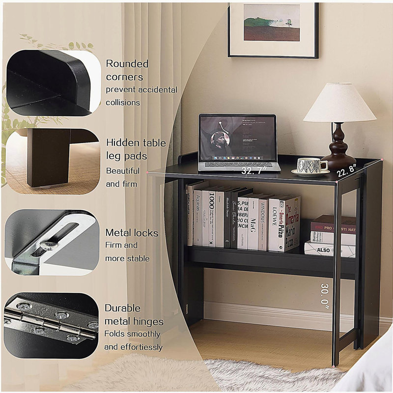Table pliante avec tablette de rangement, bureau d'ordinateur pliable de 32,6 pouces pour les petits espaces, petit bureau d'écriture pour chambre à coucher, bureau à domicile et appartement, noir