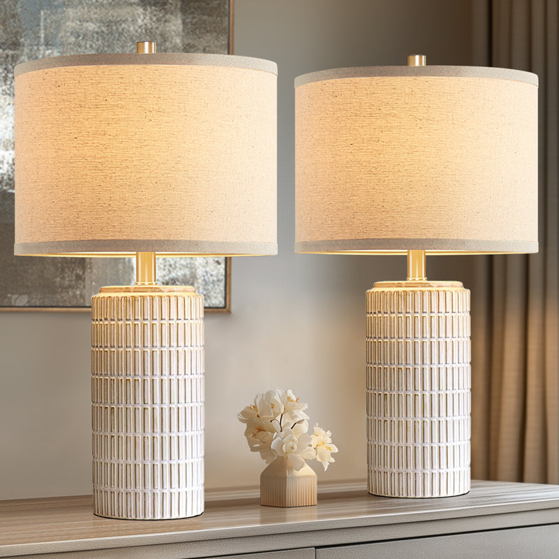  23"Modern Grid-Textured white Ceramic Table Lamp for Living Room Bedroom, Bedside Table, Free Bulb Included (Set of 2)