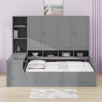 Lit de jour en bois avec trois tiroirs, armoire tout-en-un, bureau et tablettes