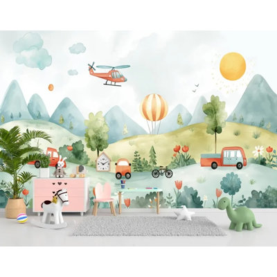 Kids Adventure Landscape Wall Mural – Watercolor Cartoon Mountain Hot Air Balloon Vehicle Panoramic Wall Decor