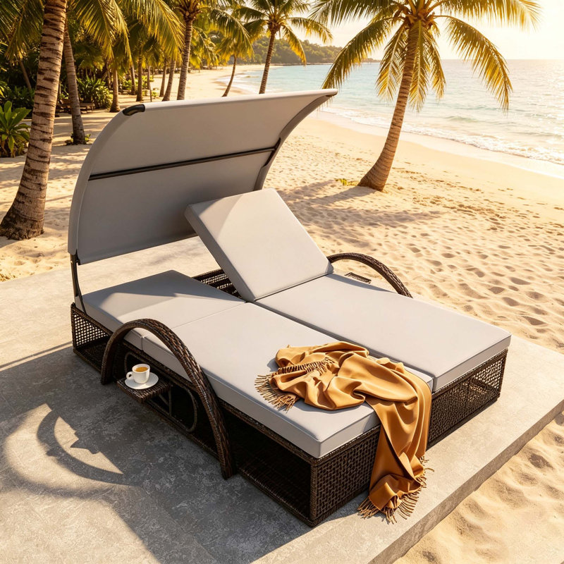 Chaise longue de patio pour 2 personnes avec cadre en acier, dossier inclinable réglable, table d'appoint cachée intégrée et accoudoirs courbés, mobilier d'extérieur polyvalent pour la cour et la piscine