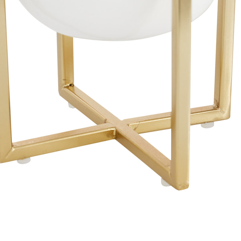 Round White Planter With Gold Metal Base, 10", 13"