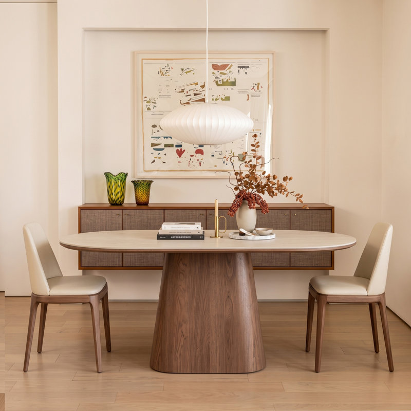 Table de salle à manger ovale moderne de 160 cm (62,99 po) en pierre frittée avec pied central massif, plateau double couche pour 6 à 10 personnes, plateau en pierre crème et piètement en placage noyer