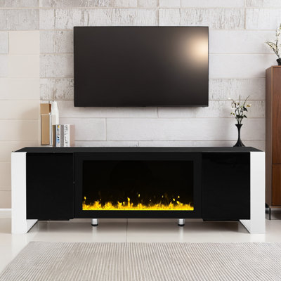TV Stand with 34"" Electric Fireplace, High Gloss Entertainment Center with Storage Cabinet, Modern TV Console Media Cabinet for TVs Up to 75 -  Latitude Run®, F6BBC40DA658464ABAD8E6595F667F89