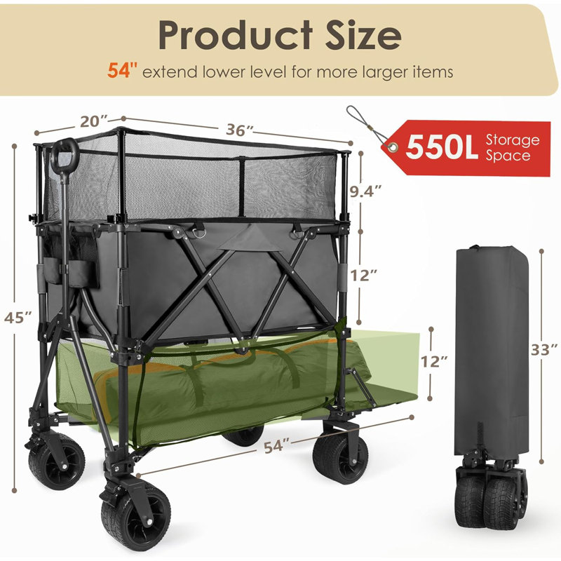 54" Double Decker Wagon Cart with Wheels Foldable, 550L Large Capacity Collapsible Wagon, 550LBS Load Heavy Duty Wagons Carts, Retractable Height & Extra Long Folding Beach Wagon