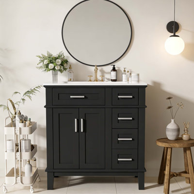 30" Black Bathroom Vanity With Ceramic Sink – Modern Shaker Style Cabinet With 2 Soft-Close Doors, 2 Soft-Glide Drawers, Compact Freestanding Vanity For Small Bathrooms