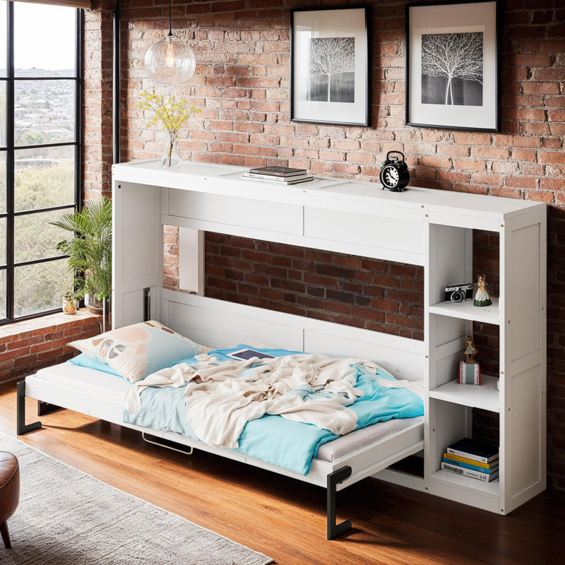 Charmant lit simple escamotable avec 3 supports de rangement, lit pliant peu encombrant pour une vie confortable, Blanc