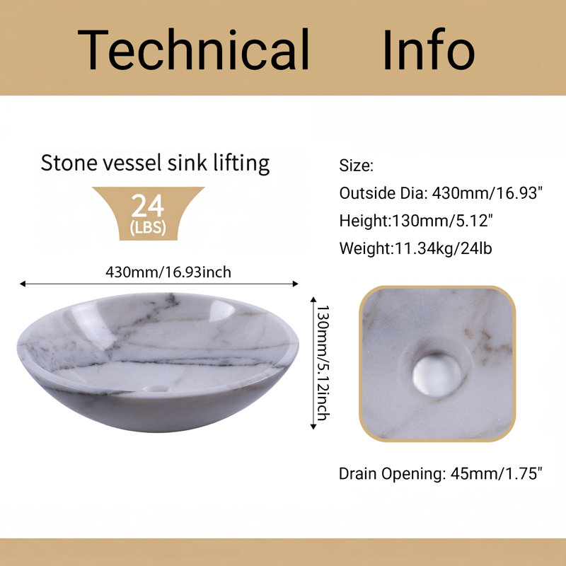 17 Inch White Marble Bathroom Round Vessel Sink With Polished Finished, Moon White