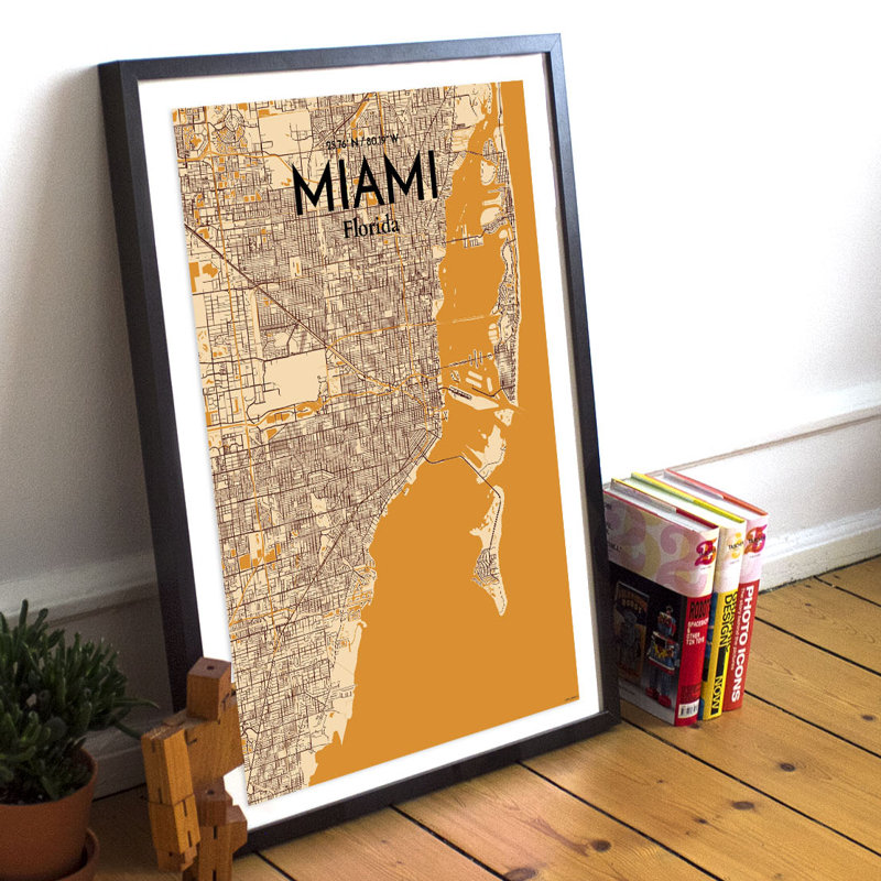 « miami city map », reproduction d’impression sur affiche, H 17 po x l 11 po x P 0,05 po