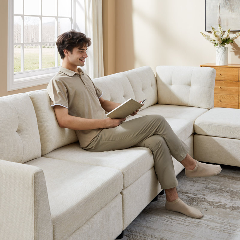 Chenille Upholstered Sectional Sofa Couch With Ottoman, Beige Polyester