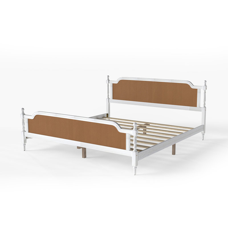 Cadre de lit double, cadre de lit double avec tête de lit et pied de lit en rotin naturel, style bohémien et mid-century, bois de pin massif