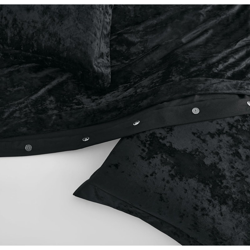 Piers Distressed Velvet Duvet Cover Set, Queen Duvet Cover + 2 Standard Shams, Black