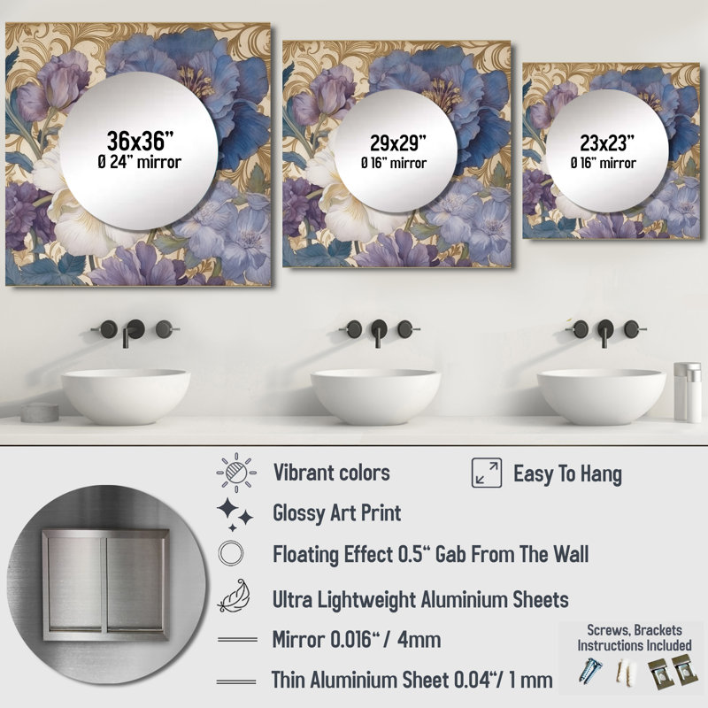 Hibiscus Blossoming Retro Illustration - Art mural miroir fleurs sauvages pour salle de bain, 23 po x 23 po