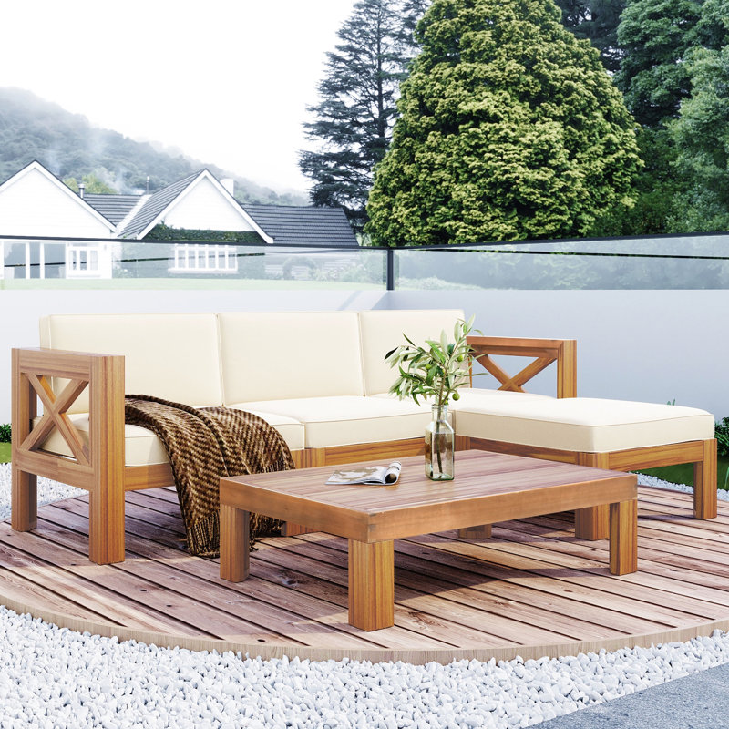 5 sièges modulaires de patio, finition naturelle, coussins beiges, structure en bois pour l'eau, pour l'extérieur, espaces