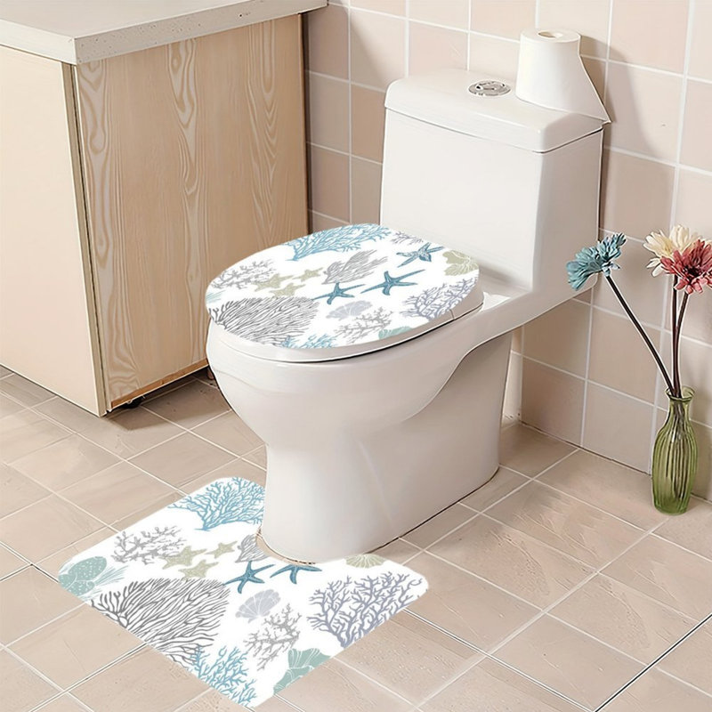 Sketch Seashell Starfish 2-Piece Bath Rug Set, U-Shaped Toilet Rug for Shower Room, White Sketch Seashell Starfish