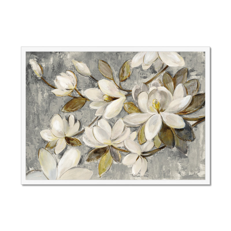 Magnolia Simplicity Neutral Grey by Silvia Vassileva - Painting, 55cm H x 80cm W, White Framed Paper Print