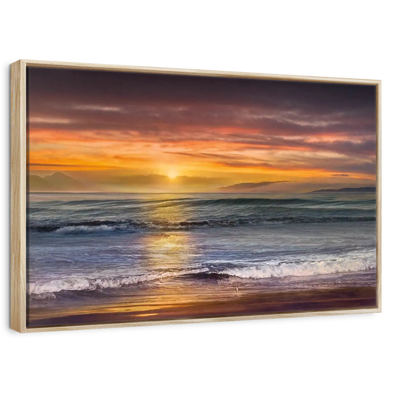 Le coucher du soleil sur la plage de Descanso, Cadre flottant en bois naturel, 43 po x 29 po