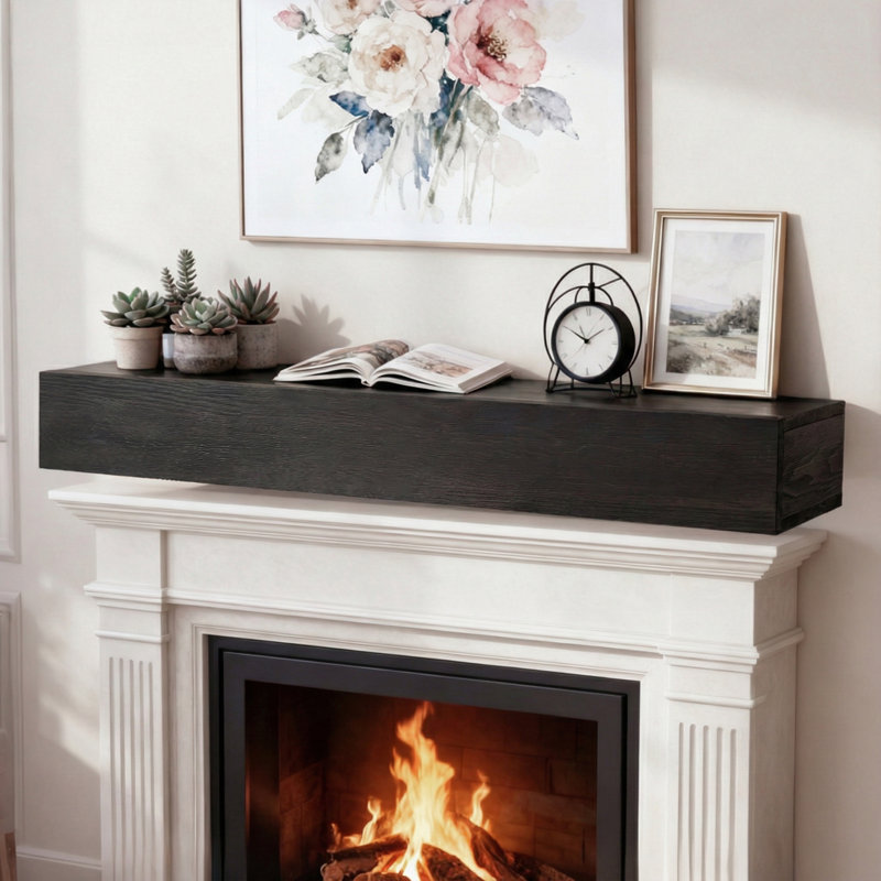 60" Solid Wood Fireplace Mantel, Floating Shelves, 60", Black