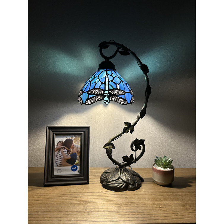 Copemish Tiffany Table Lamp Dragonfly Stained Glass LED Bulb Included Iron Metal Leaves H21"