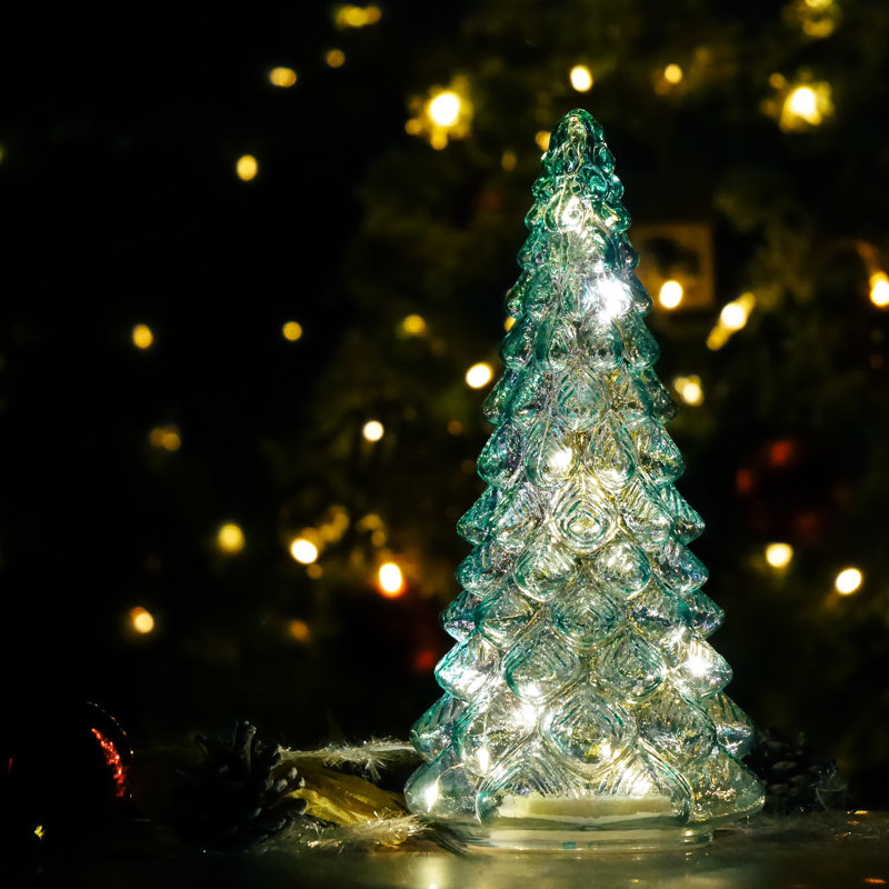 Arbre de Noël en verre coloré - Décoration de Noël de table avec minuterie pour la présentation de Noël, Bleu