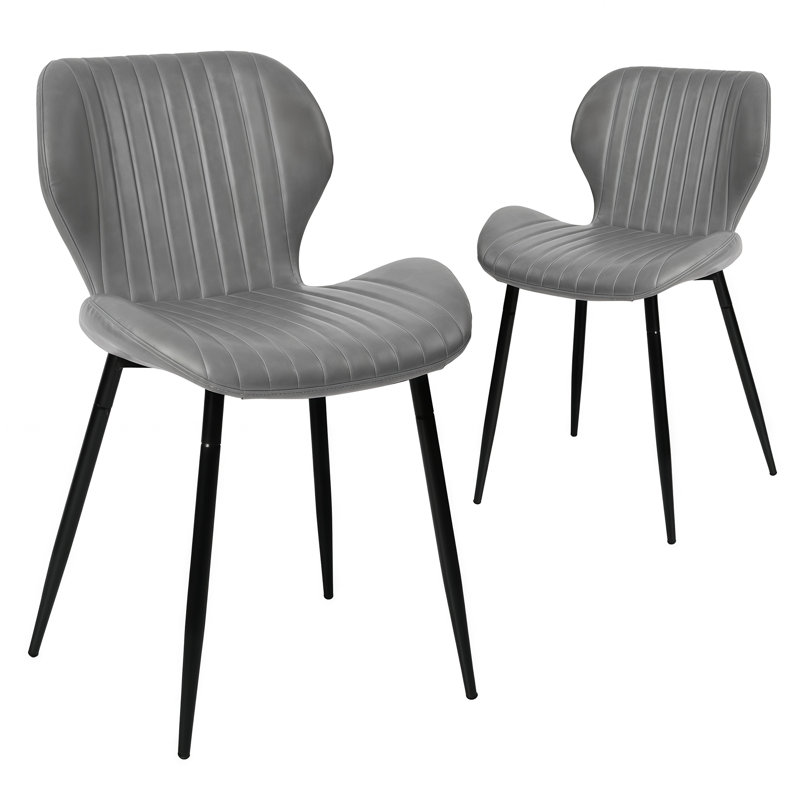 Set of 2 Modern Grey PU Leather Dining Chairs with Black Tapered Metal Legs, Ergonomic Curved Back, 300 lbs Capacity, Adjustable Foot Pads, Water-Resistant Upholstery for Kitchen & Dining Room