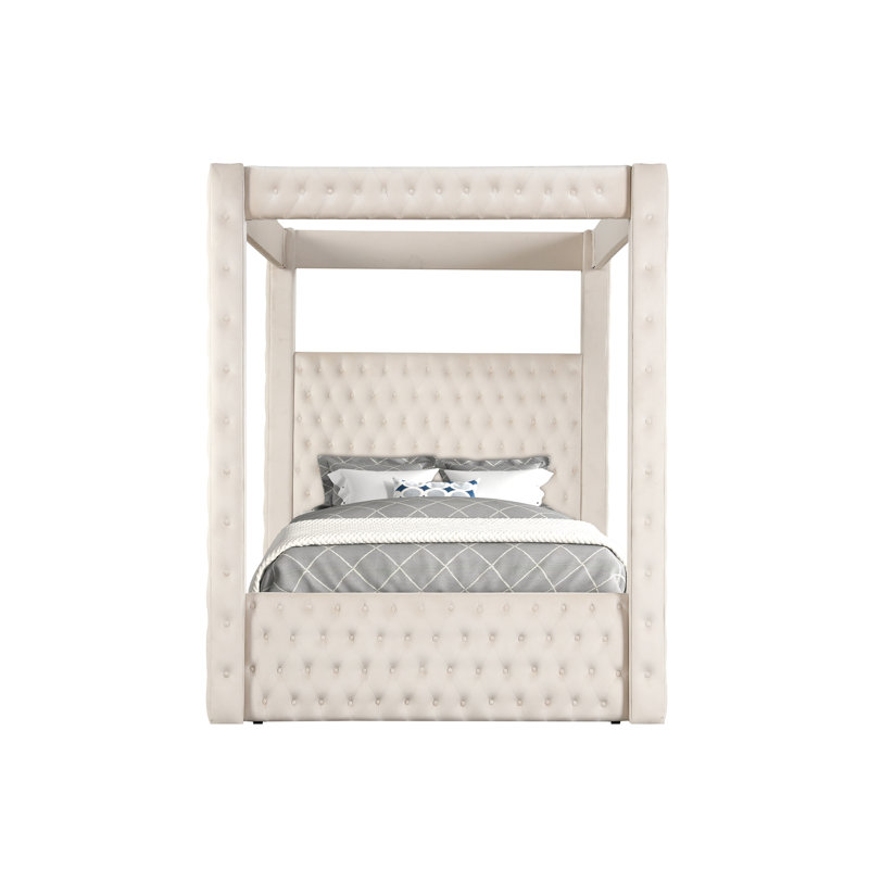 Lit à baldaquin en velours 1pc avec tête de lit à boutons et auvent moderne pour chambre à coucher, Grand lit, Ivoire ivoire