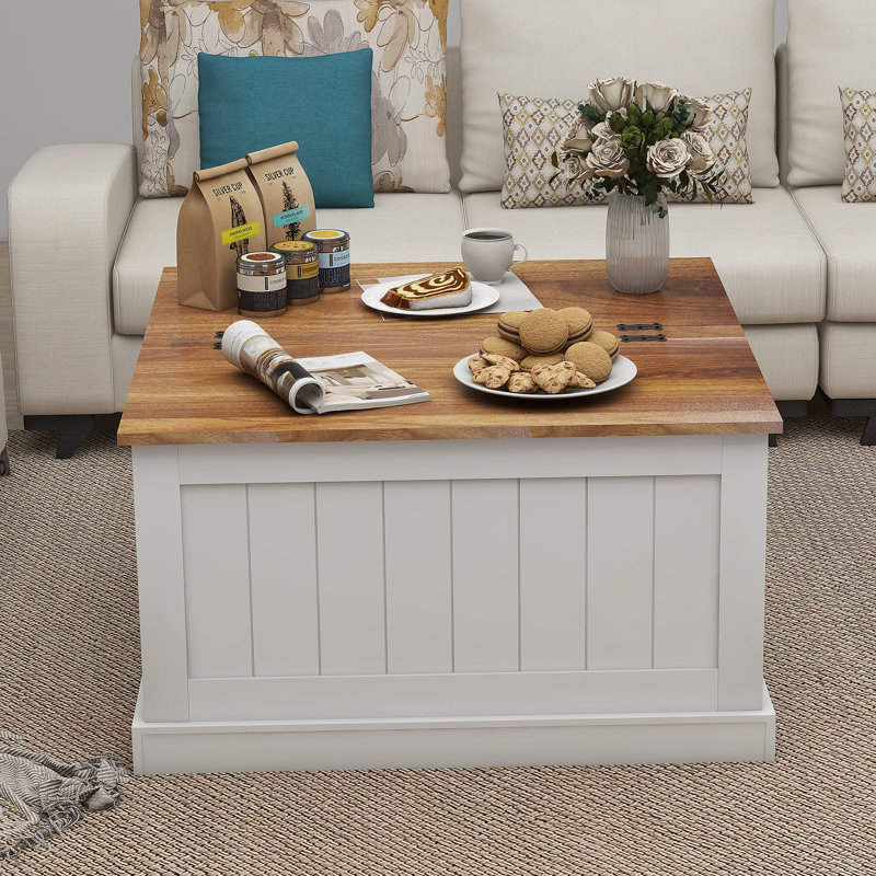 Table basse 31,5 "Farmhouse, table centrale carrée en bois avec plateau relevable articulé