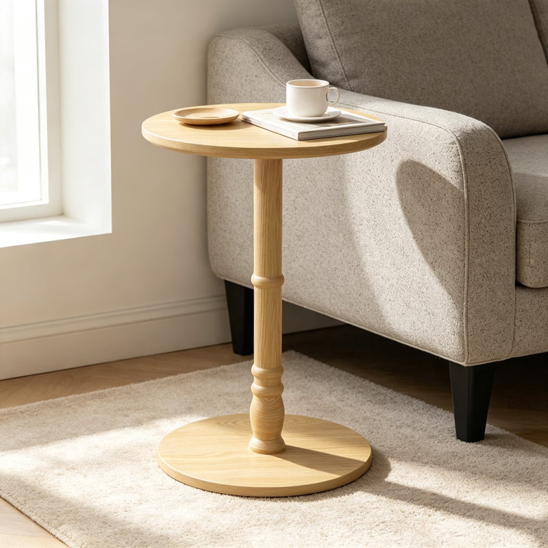 Table d'appoint ronde avec pilier en bois massif, table d'appoint compacte pour salon, chambre à coucher, canapé, bureau, assemblage facile, finition naturelle