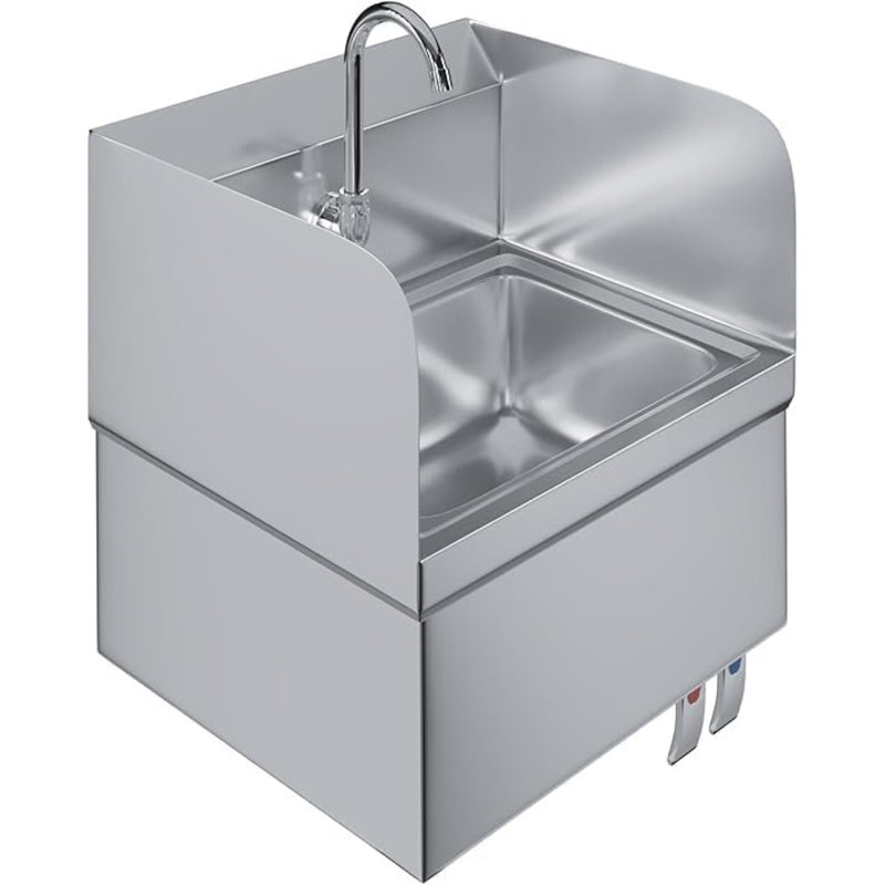 Lavabo mural en acier inoxydable avec double robinetterie au genou, robinet et protection antidouche, 43 cm L x 38 cm P