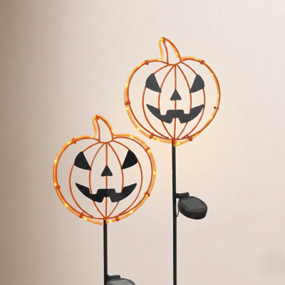 Solar Lighted Metal Pumpkin Yard Stake Set