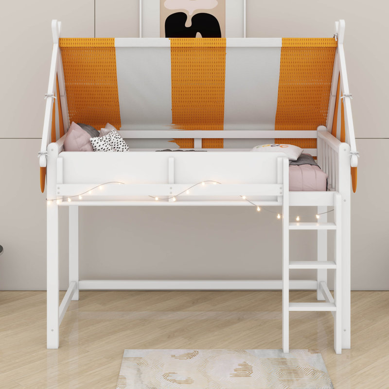 Lit mezzanine double avec auvent, lumières DEL et étagère à livres, Lit double, Blanc