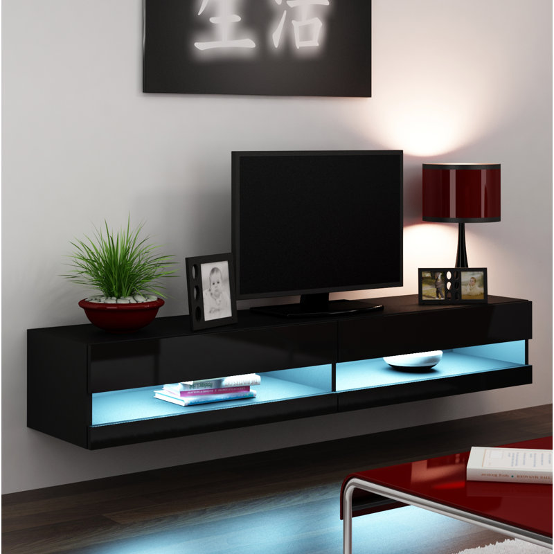 Robertson Unfinished Floating TV Stand for TVs up to 88", Black/Glossy black