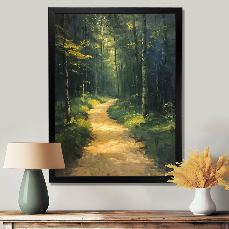 Sentier en bois murmurant l'été II - Décoration murale forêt, Cadre simple noir, H 12 po x l 20 po x P 1 po