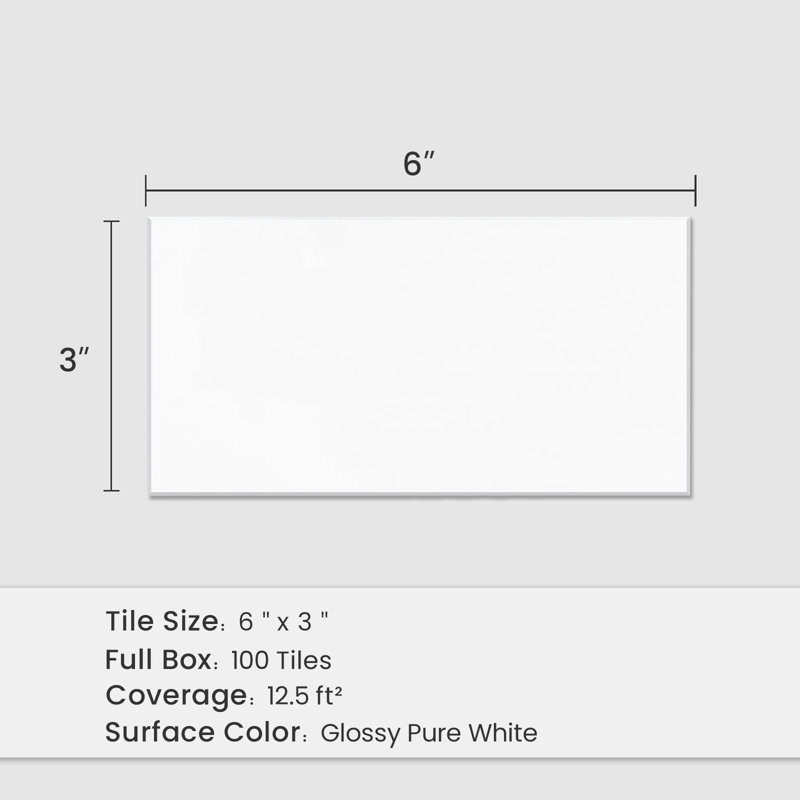 Carreau de dosseret rectangulaire blanc pur 6 po x 3 po, 100 pièces, 12,5 pieds carrés