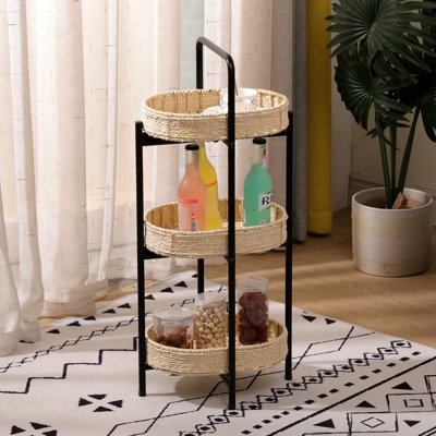 Table ovale à 3 compartiments avec plateaux en corde de papier tressée à la main, idéale pour une utilisation intérieure et le rangement de petits objets dans la cuisine, comme des collations ou des fruits.