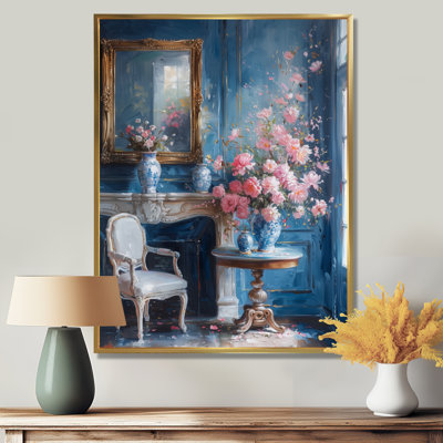 Bleu bleu, château, chic, fleurs, châteaux, art mural, salon