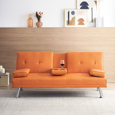 67" Orange Office Bed With Double Fold, Coffee Table, 3 Adjustable Positions, Soft Velvet, Metal Legs, Easy To Assemble For Living Room, 2 Seats, Foam Fill Multifunctional Fold And Table Office, ,