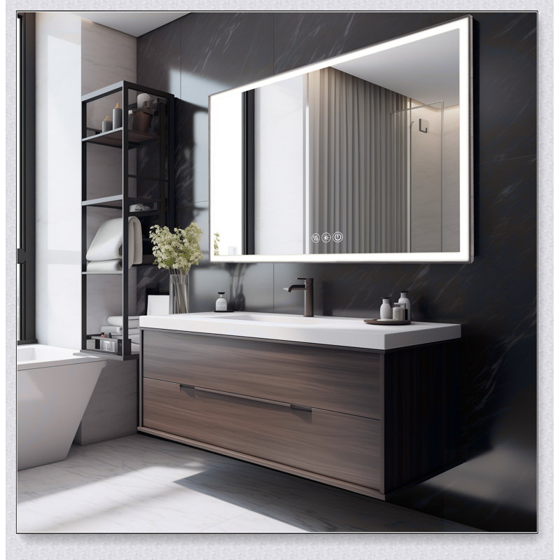 Miroir de meuble-lavabo à cadre 48 po x 32 po à DEL, cadre en aluminium avec lumières biseautées à angle biseauté à 45 °, 3 couleurs, antibuée, convenant à une décoration moderne