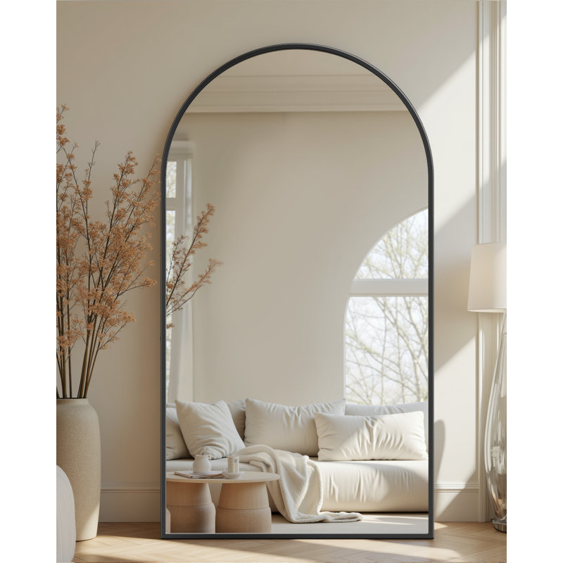 Miroir de plancher noir arqué avec support, miroir autoportant de 38 po x 77 po pour chambre à coucher, 76 po x 44 po, Noir