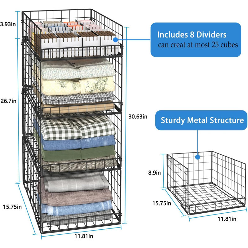 4 Tier Foldable Metal Storage Baskets For Clothes Black