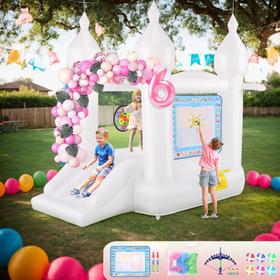 White Bounce House Indoor/Outdoor For Kids 2-8 With Balloons, Magical Water Canvas, Dart Target Balls, Bar Dart Set, Basketball, 102 X 70 X 97 Jumping Castle With Slide For Birthday Party, Wedding